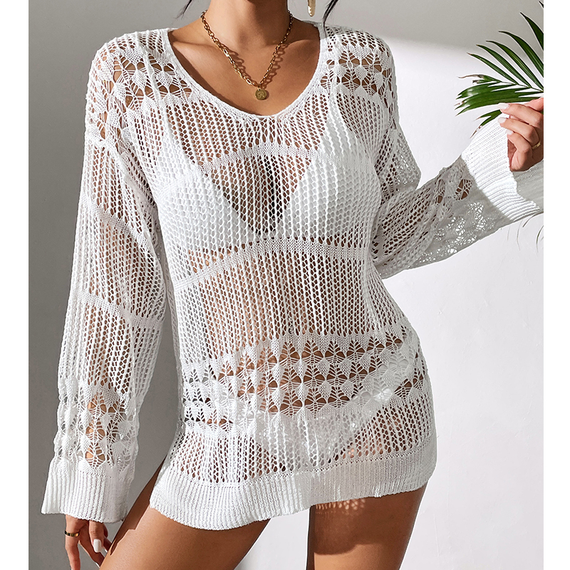 Cover Up Kaftan - Solid Hollow Out Crew Neck Dress
