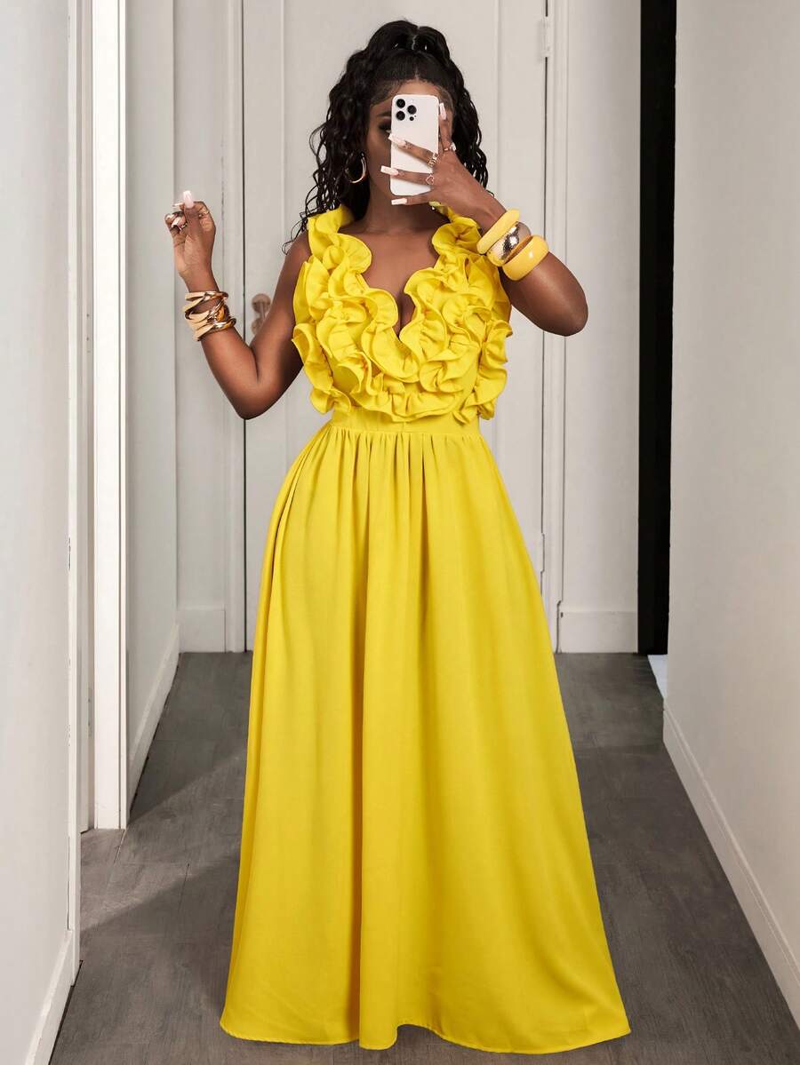 Yellow Deep V-Neck Ruffle Halt - Maxi Dress Halter reseña y precio