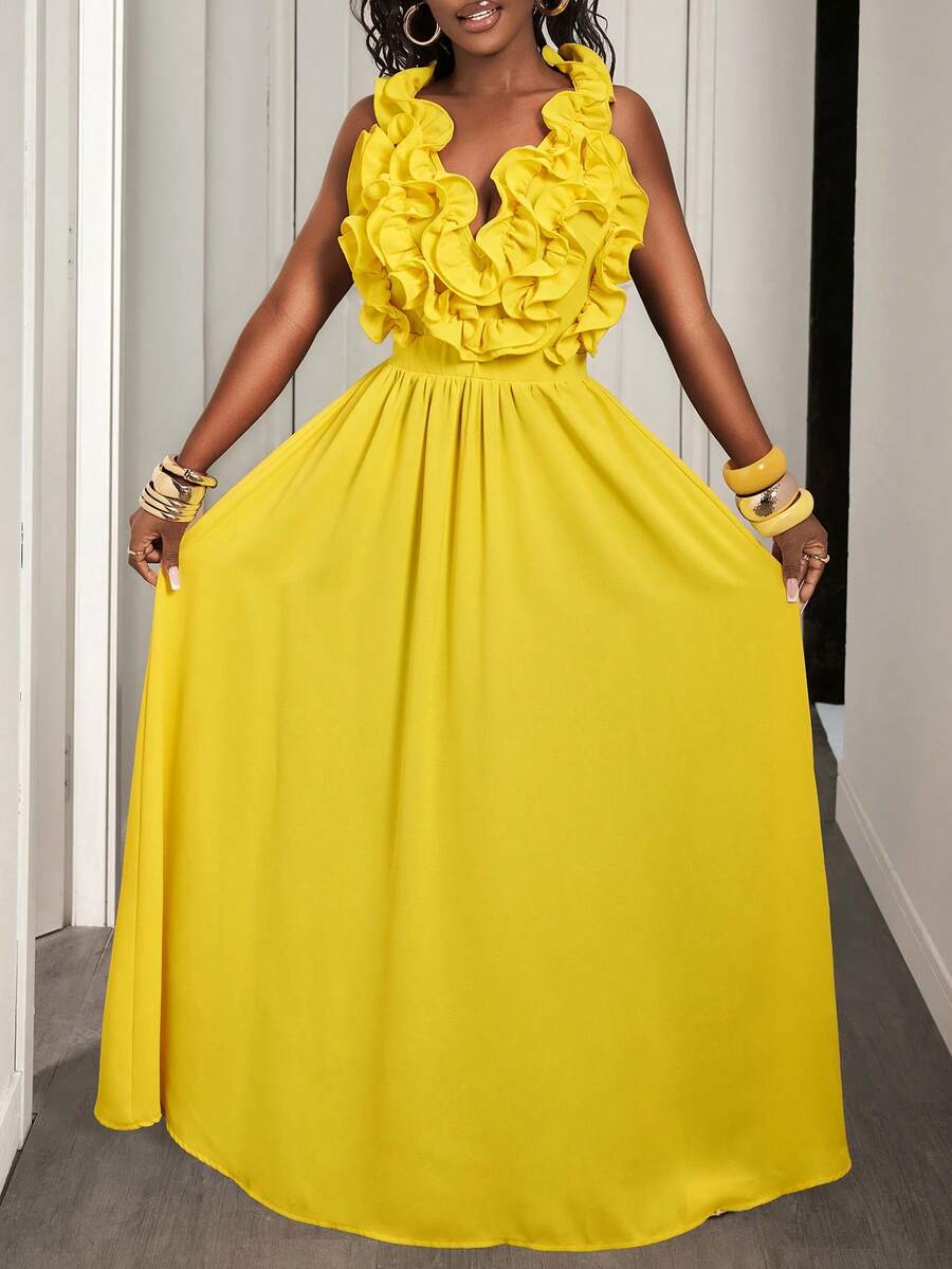 Yellow Deep V-Neck Ruffle Halt - Maxi Dress Halter reseña y precio