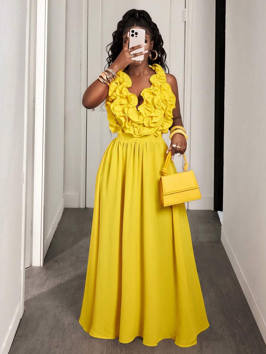 Yellow Deep V-Neck Ruffle Halt - Maxi Dress Halter reseña y precio