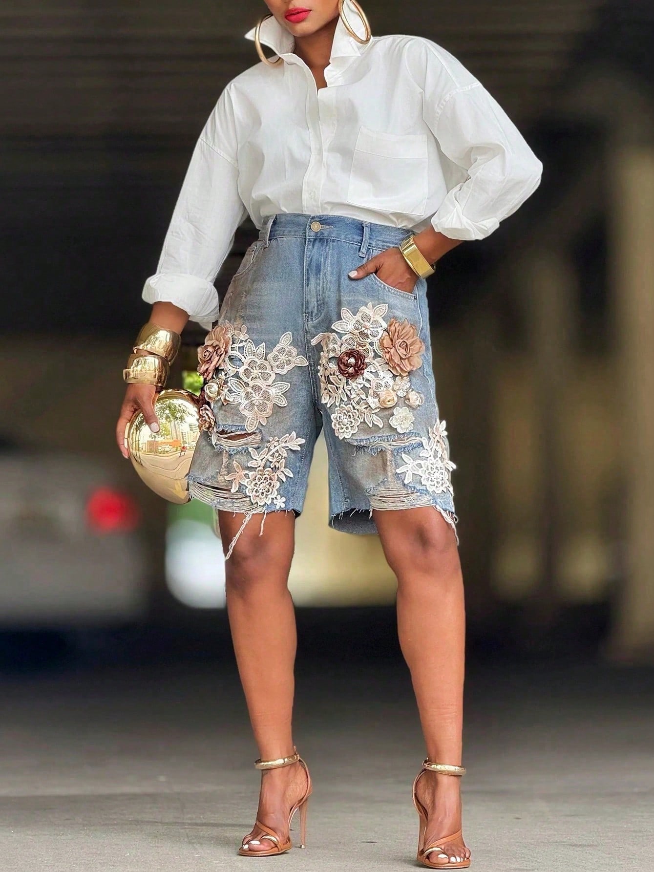 GLOURI Women 3D Floral Appliqu - Shorts Denim Frayed reseña y precio