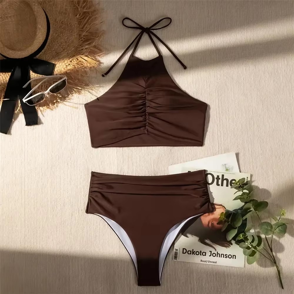 Dark Brown Solid Swimwears Hal - Swimsuit Bikini Ruched reseña y precio
