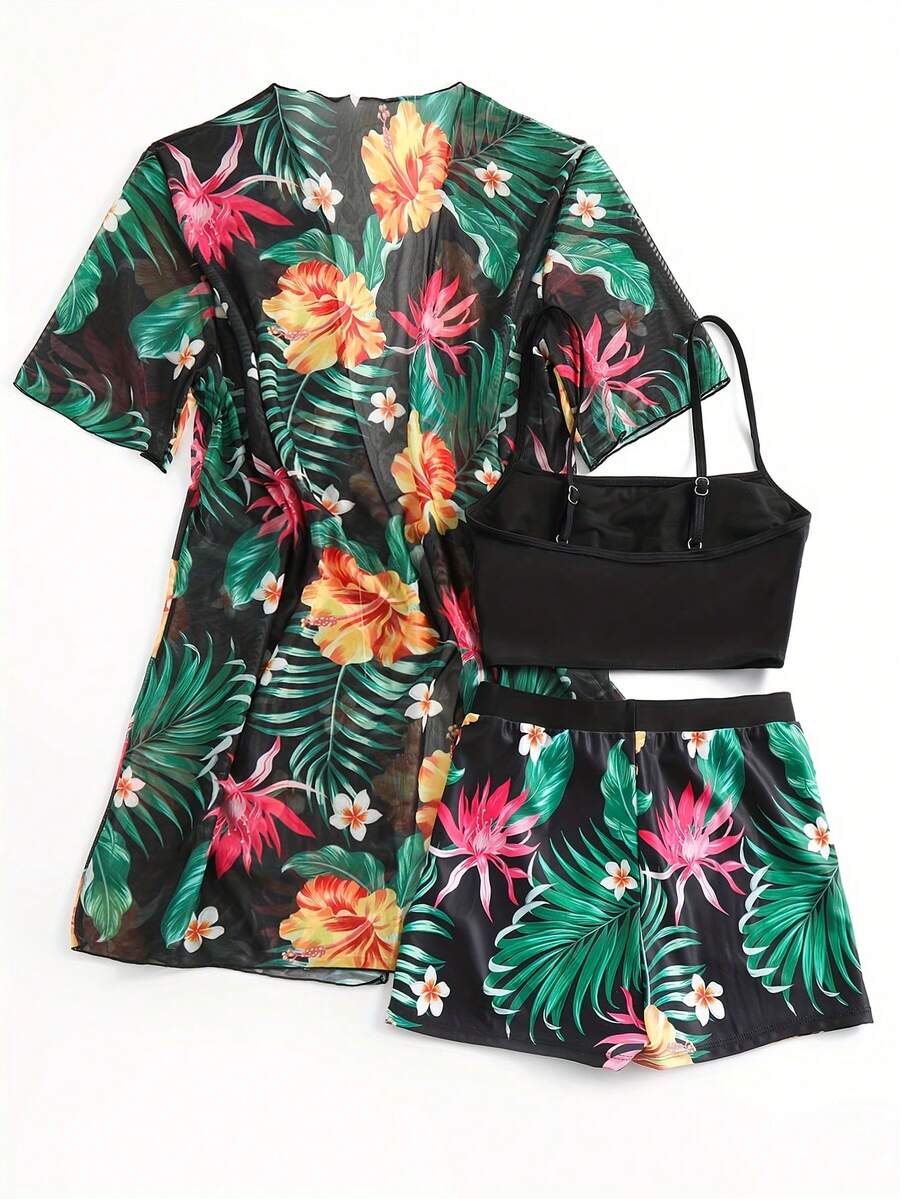 Floral Print 3-Piece Swim Set: - Kimono Sheer Floral reseña y precio