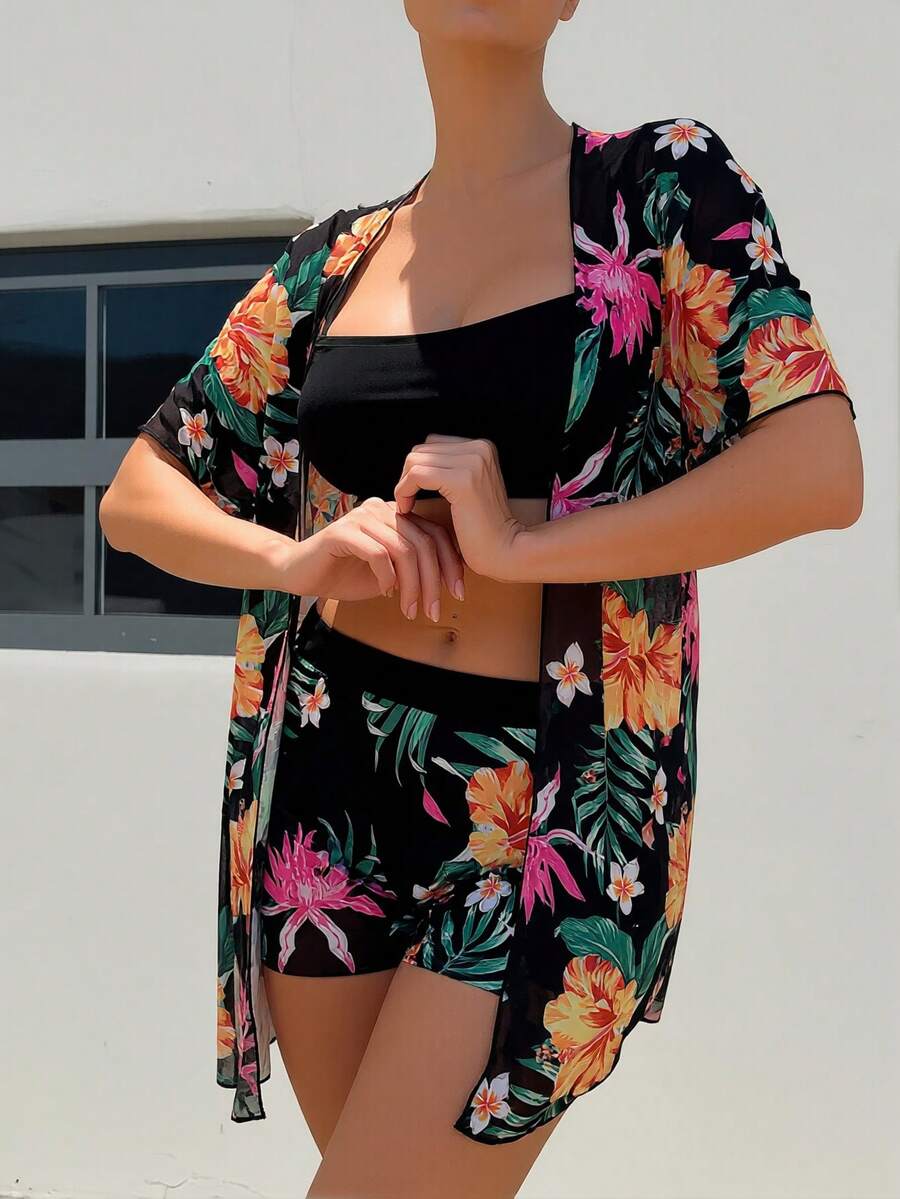 Floral Print 3-Piece Swim Set: - Kimono Sheer Floral reseña y precio