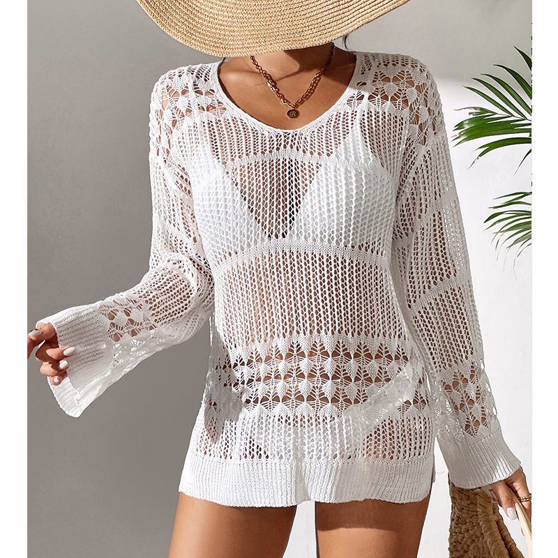 Solid Hollow Out Crew Neck Dre - Cover Up Kaftan reseña y precio