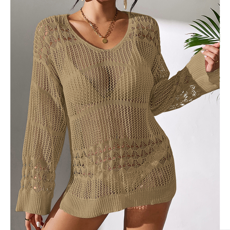 Solid Hollow Out Crew Neck Dre - Cover Up Kaftan reseña y precio