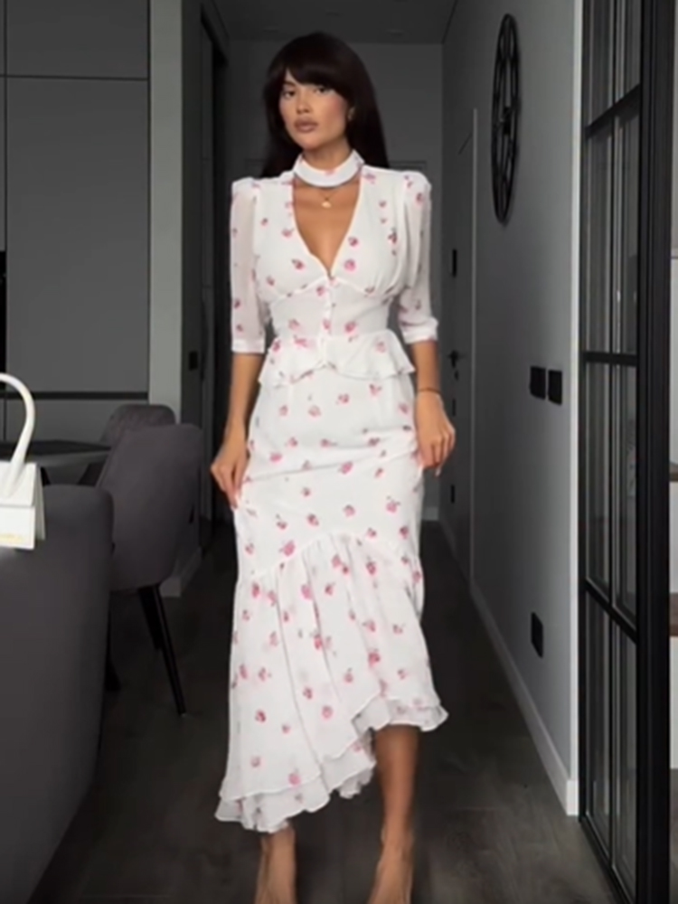 Women White Pink Floral Choker - Romper Floral Print reseña y precio