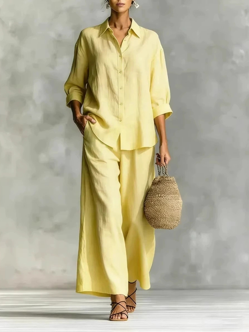 Women's New 7-Sleeve Shirt & W - Linen Pant Wide reseña y precio