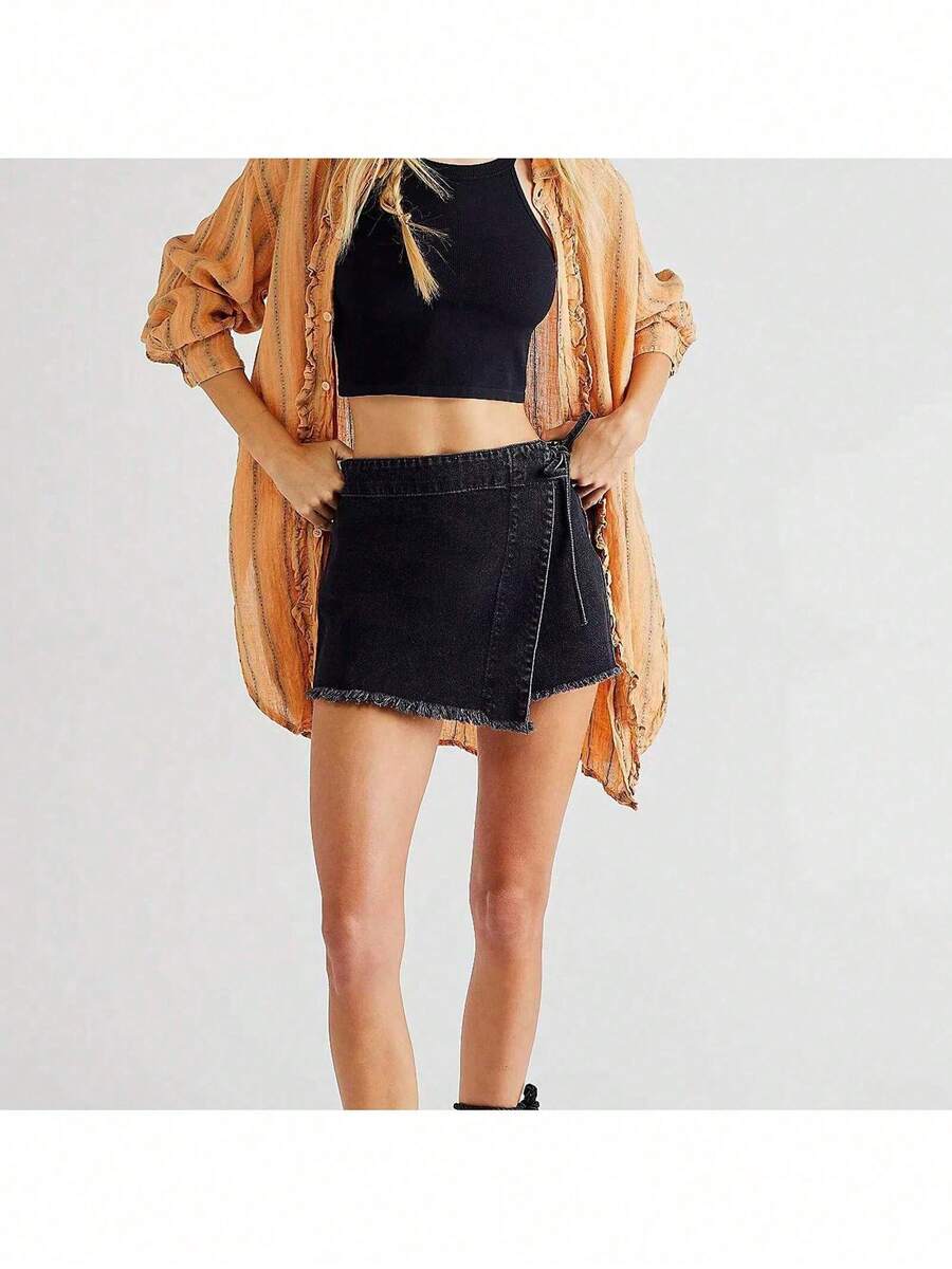Women Denim Wrap Skort High Wa - Shorts Denim Frayed reseña y precio
