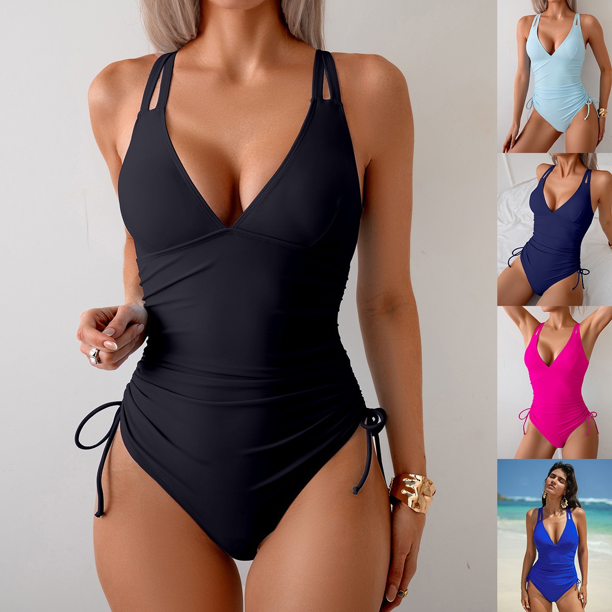 Solid Black Swimsuit V Neck Ru - Swimsuit Bikini Ruched reseña y precio