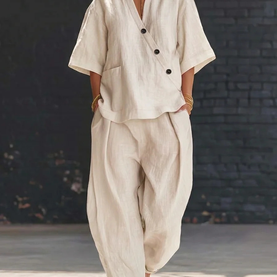 Women’s Two Piece Set Loose V  - Linen Pant Wide reseña y precio